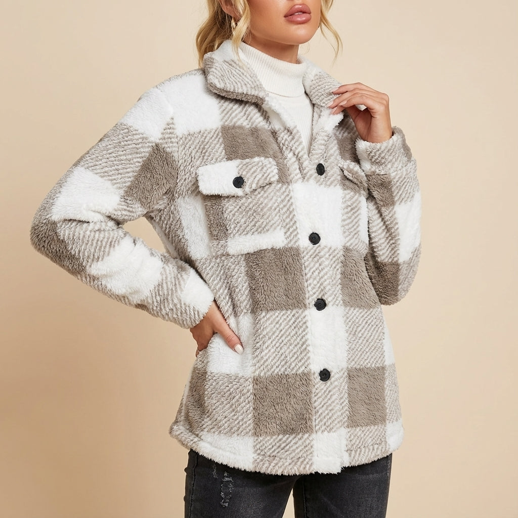 Kurtka Damska Pluszowa w Kratę Oversize | Jesień i Zima