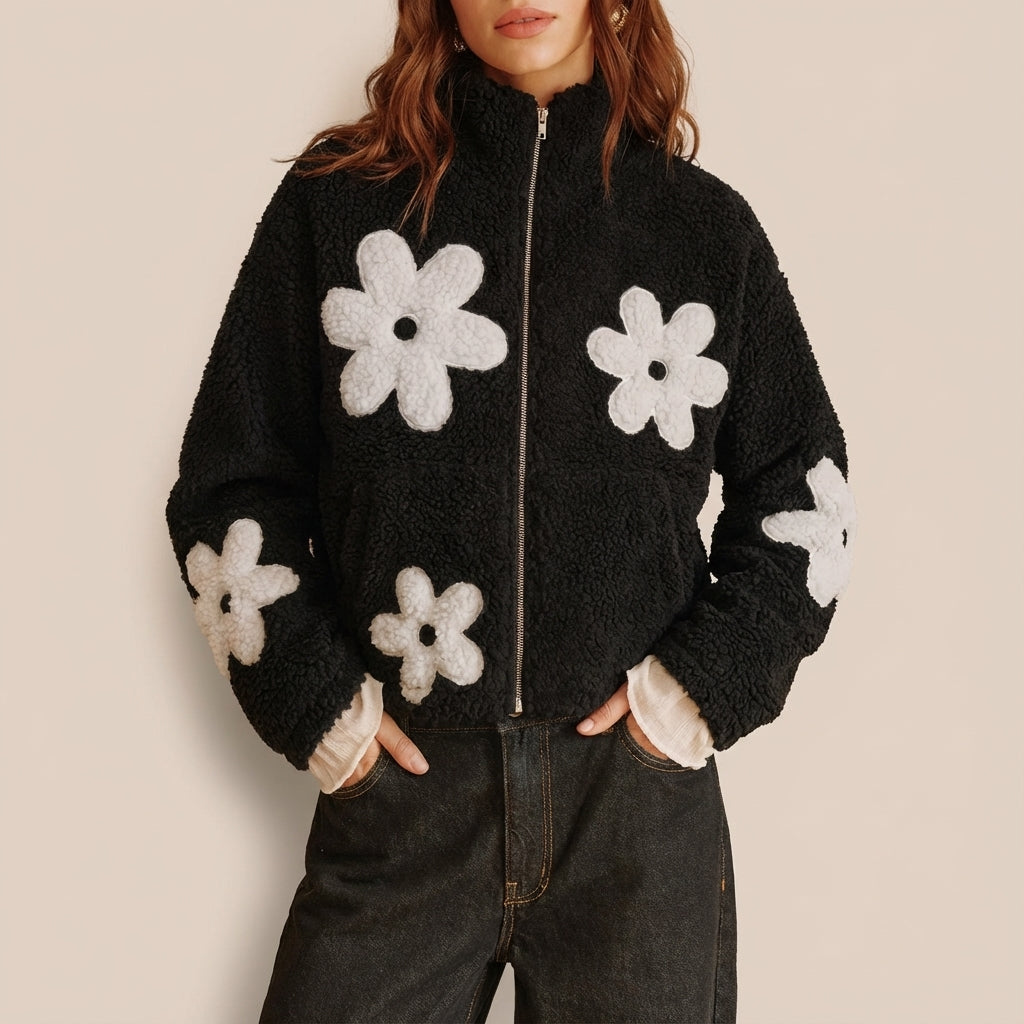 Kurtka Damska Czarna z Motywem Kwiatowym | Na Wiosnę