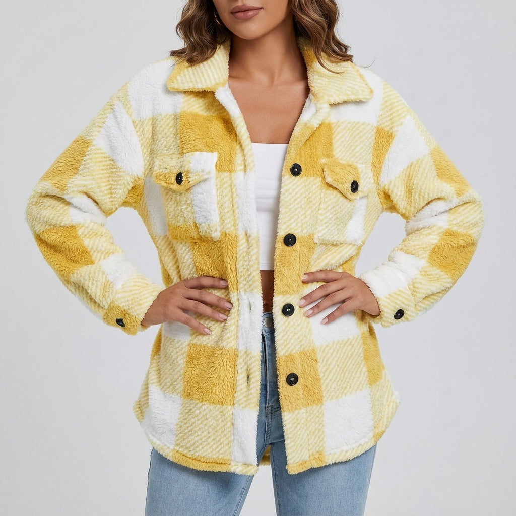 Kurtka Damska Pluszowa w Kratę Oversize | Jesień i Zima