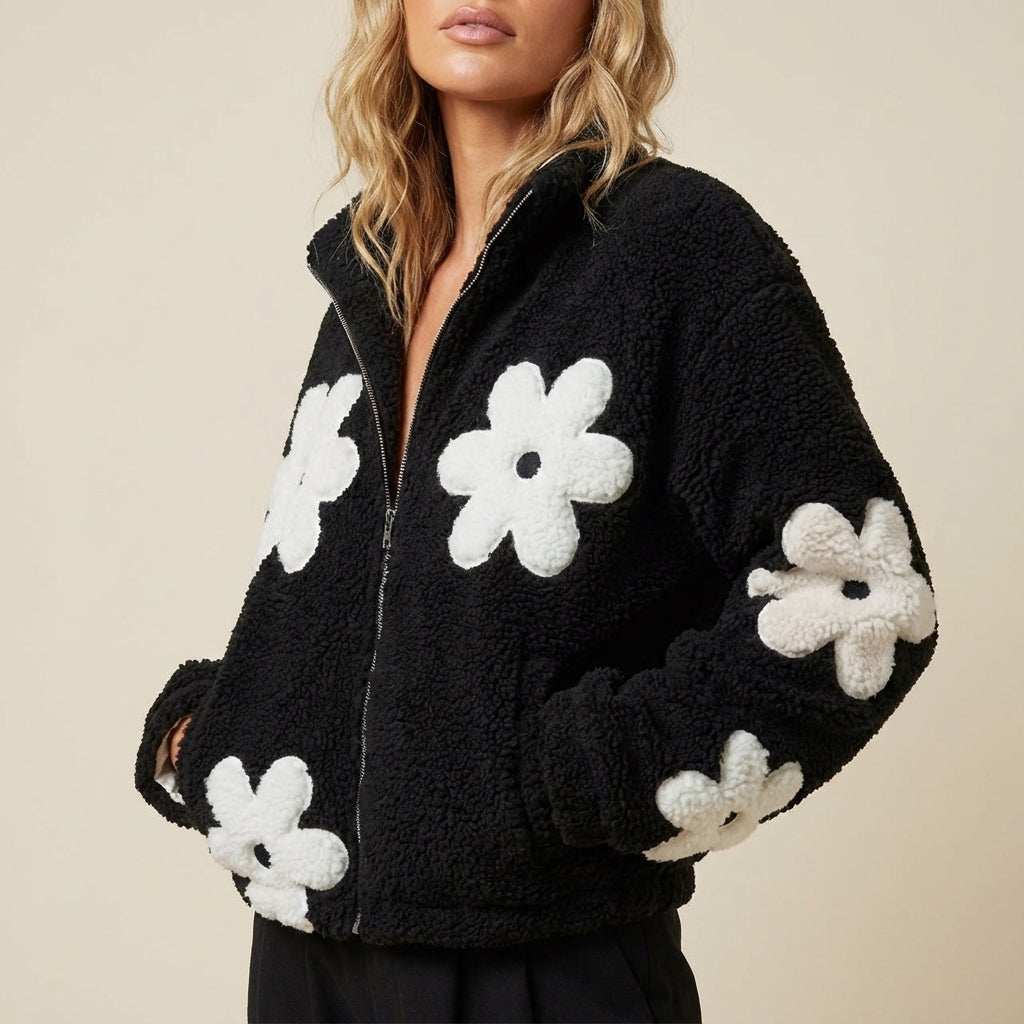 Kurtka Damska Czarna z Motywem Kwiatowym | Na Wiosnę