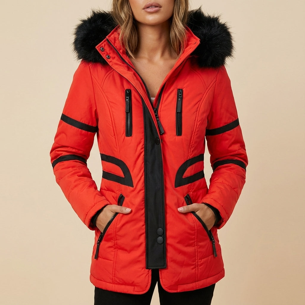 Kurtka zimowa damska z kapturem i kontrastowymi wstawkami | Styl miejski