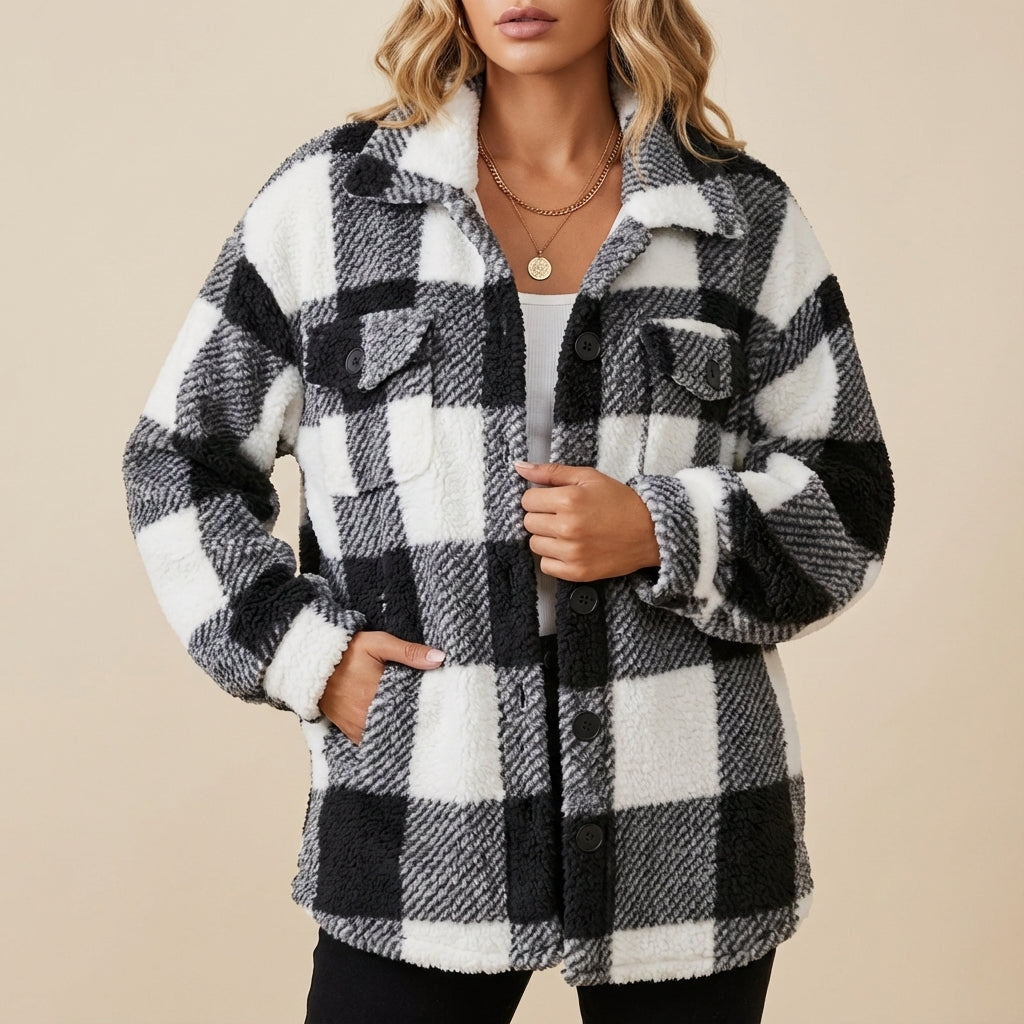 Kurtka Damska Pluszowa w Kratę Oversize | Jesień i Zima