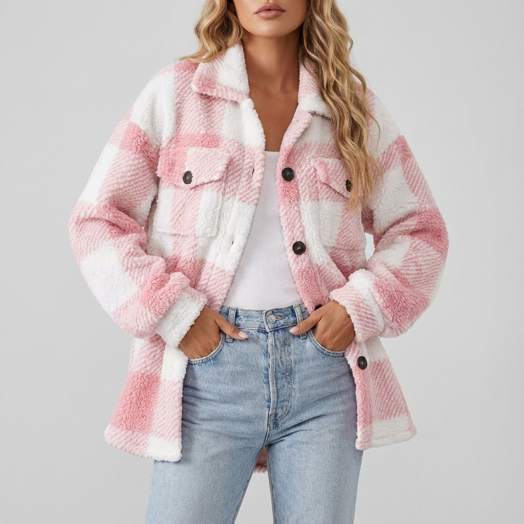 Kurtka Damska Pluszowa w Kratę Oversize | Jesień i Zima