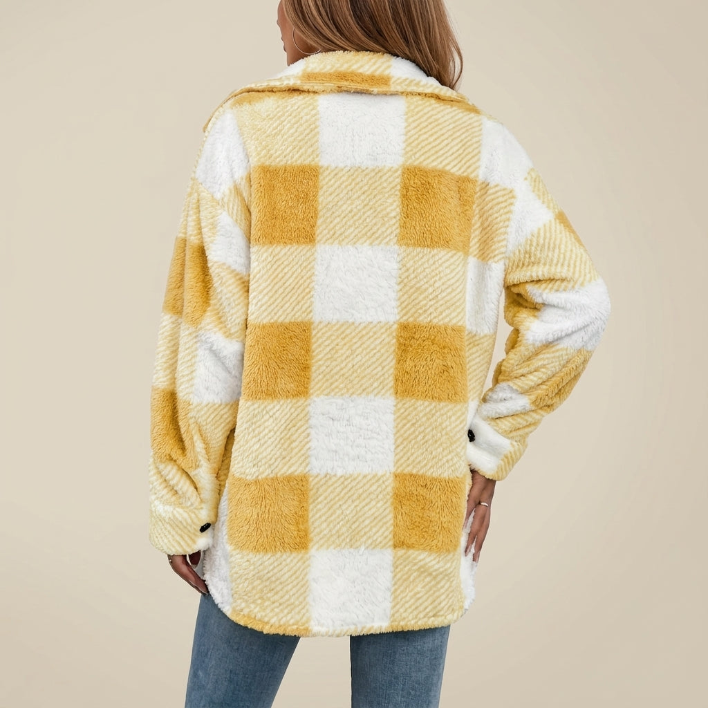 Kurtka Damska Pluszowa w Kratę Oversize | Jesień i Zima