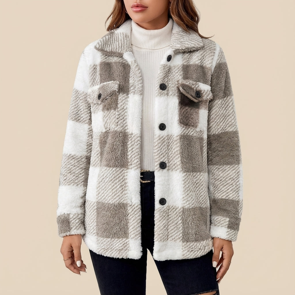 Kurtka Damska Pluszowa w Kratę Oversize | Jesień i Zima