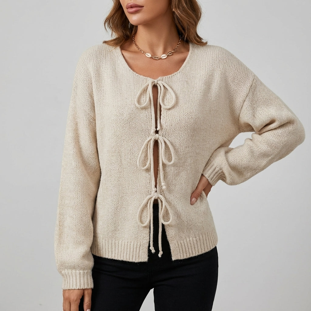 Kardigan Damski Wiązany z Przodu o Gładkim Wzorze | Jesień Zima