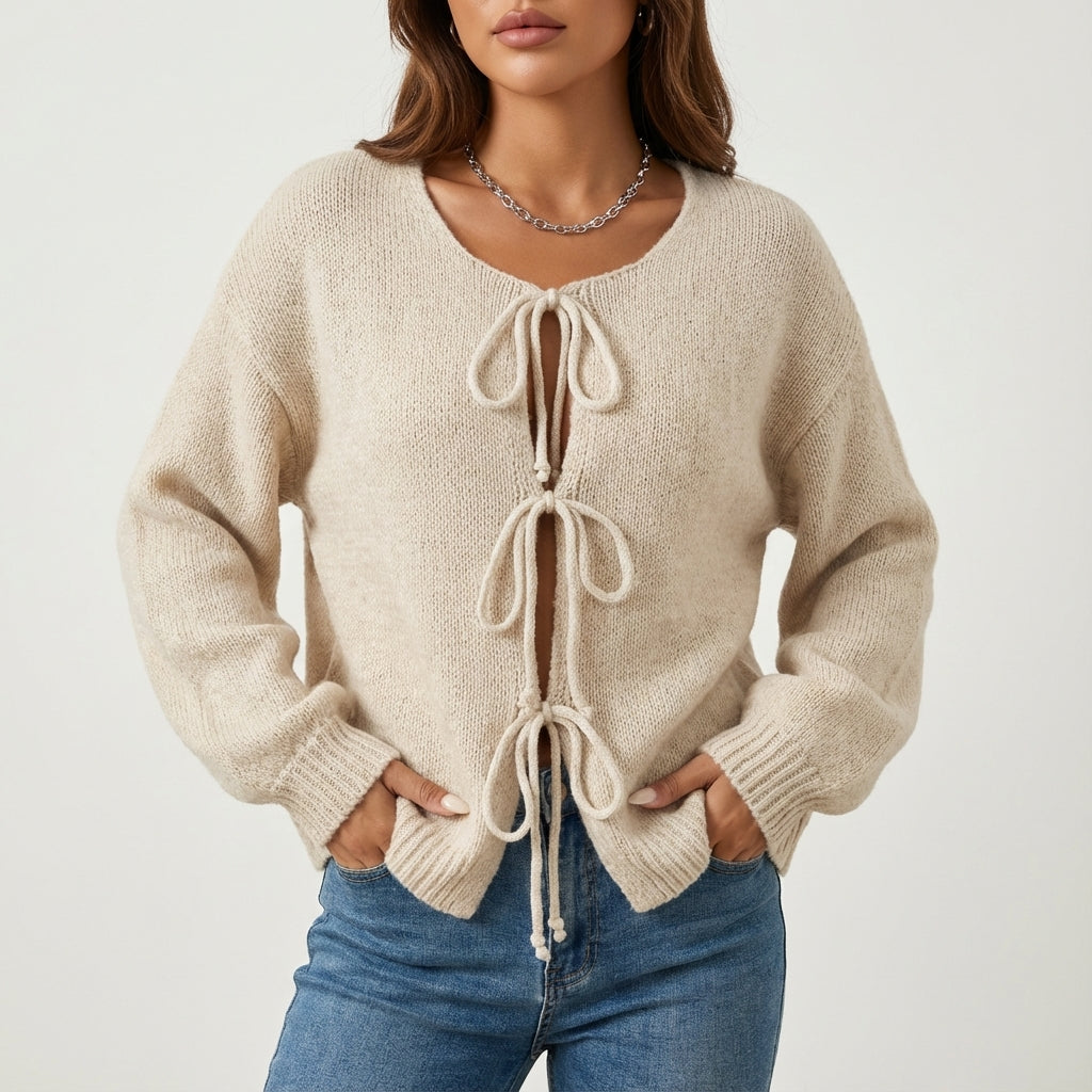 Kardigan Damski Wiązany z Przodu o Gładkim Wzorze | Jesień Zima