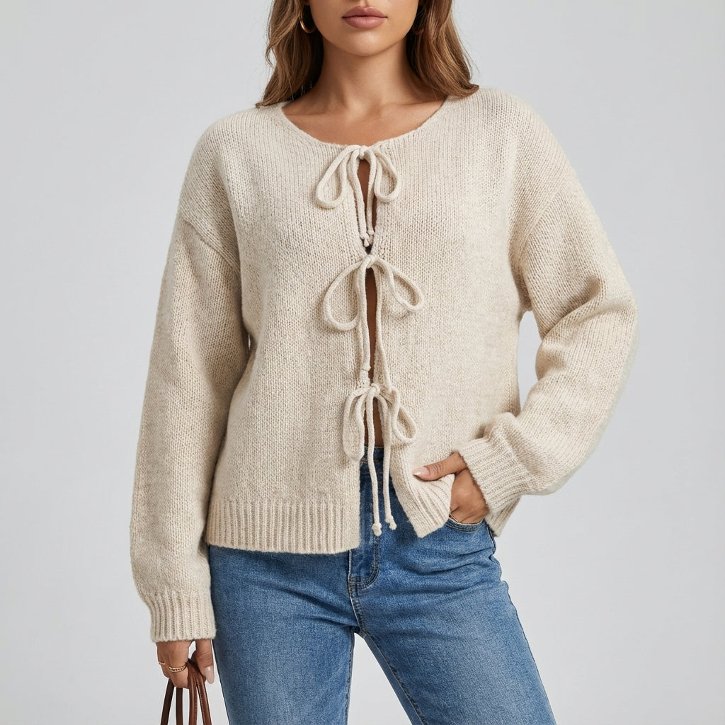 Kardigan Damski Wiązany z Przodu o Gładkim Wzorze | Jesień Zima