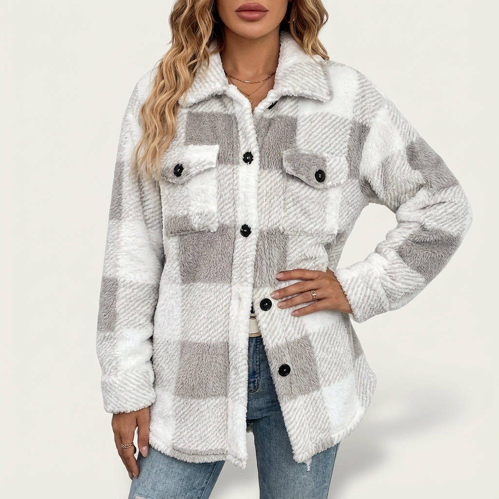 Kurtka Damska Pluszowa w Kratę Oversize | Jesień i Zima