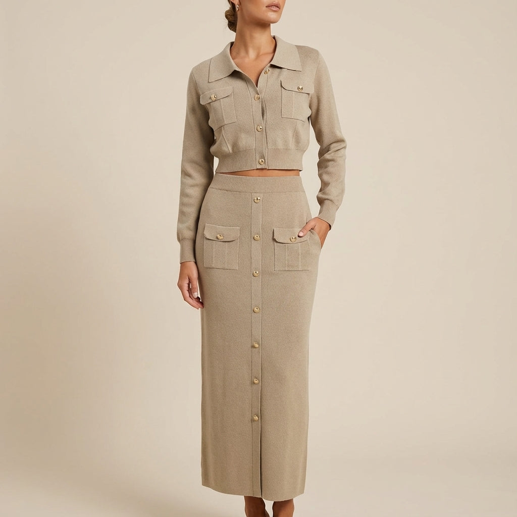 Komplet dzianinowy damski żakiet na guziki i spódnica midi | Do pracy i na co dzień