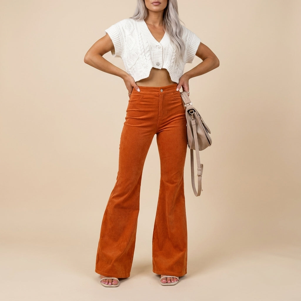 Spodnie sztruksowe damskie z wysokim stanem i szeroką nogawką | Na co dzień