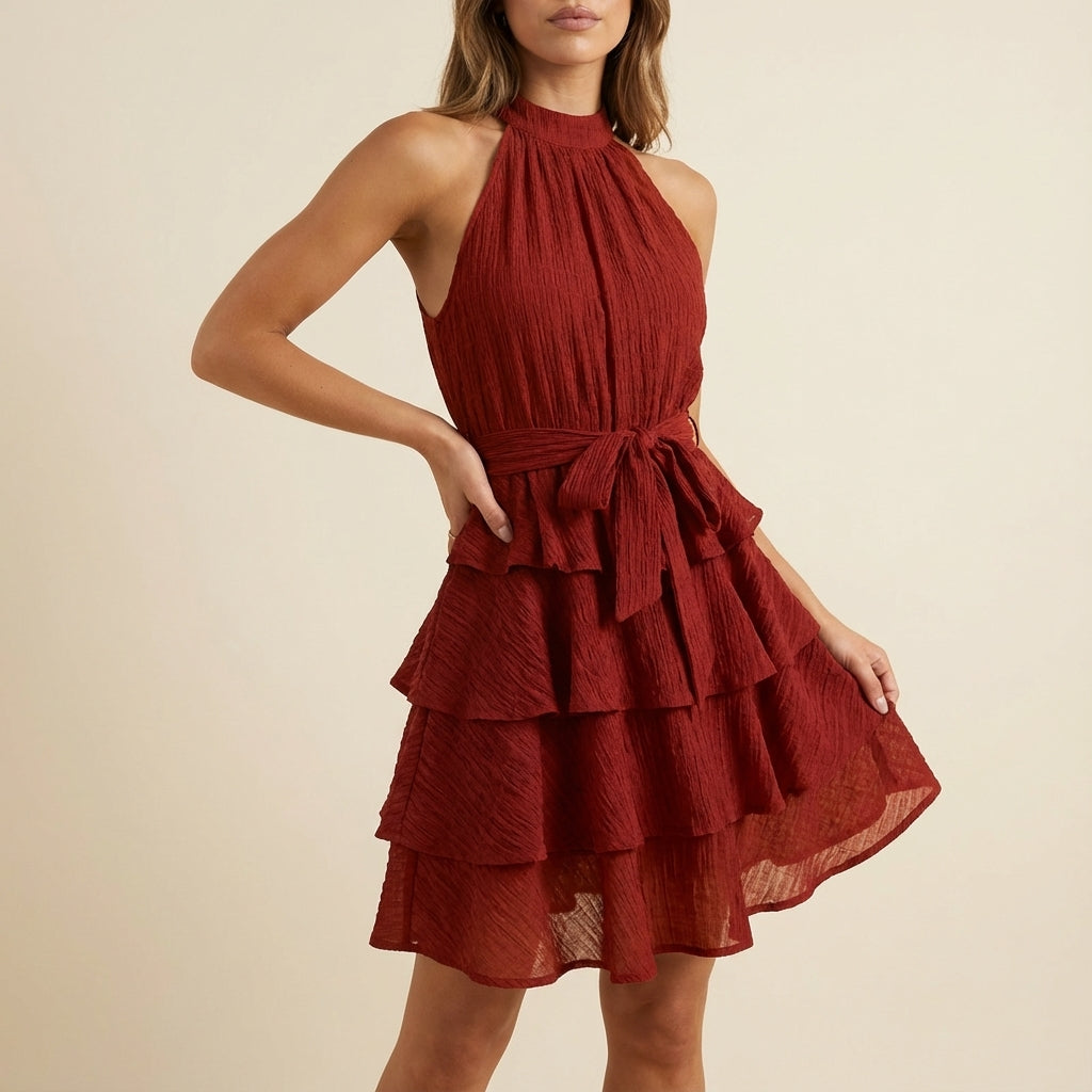 Sukienka mini damska halter z wiązaniem w talii | Na lato