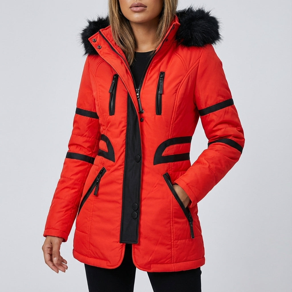 Kurtka zimowa damska z kapturem i kontrastowymi wstawkami | Styl miejski