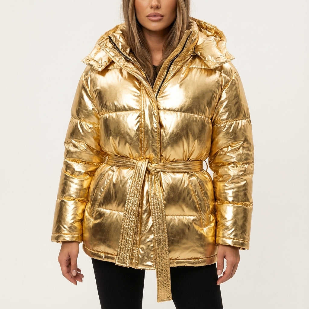Kurtka Zimowa Damska Błyszcząca z Kapturem | Styl Miejski