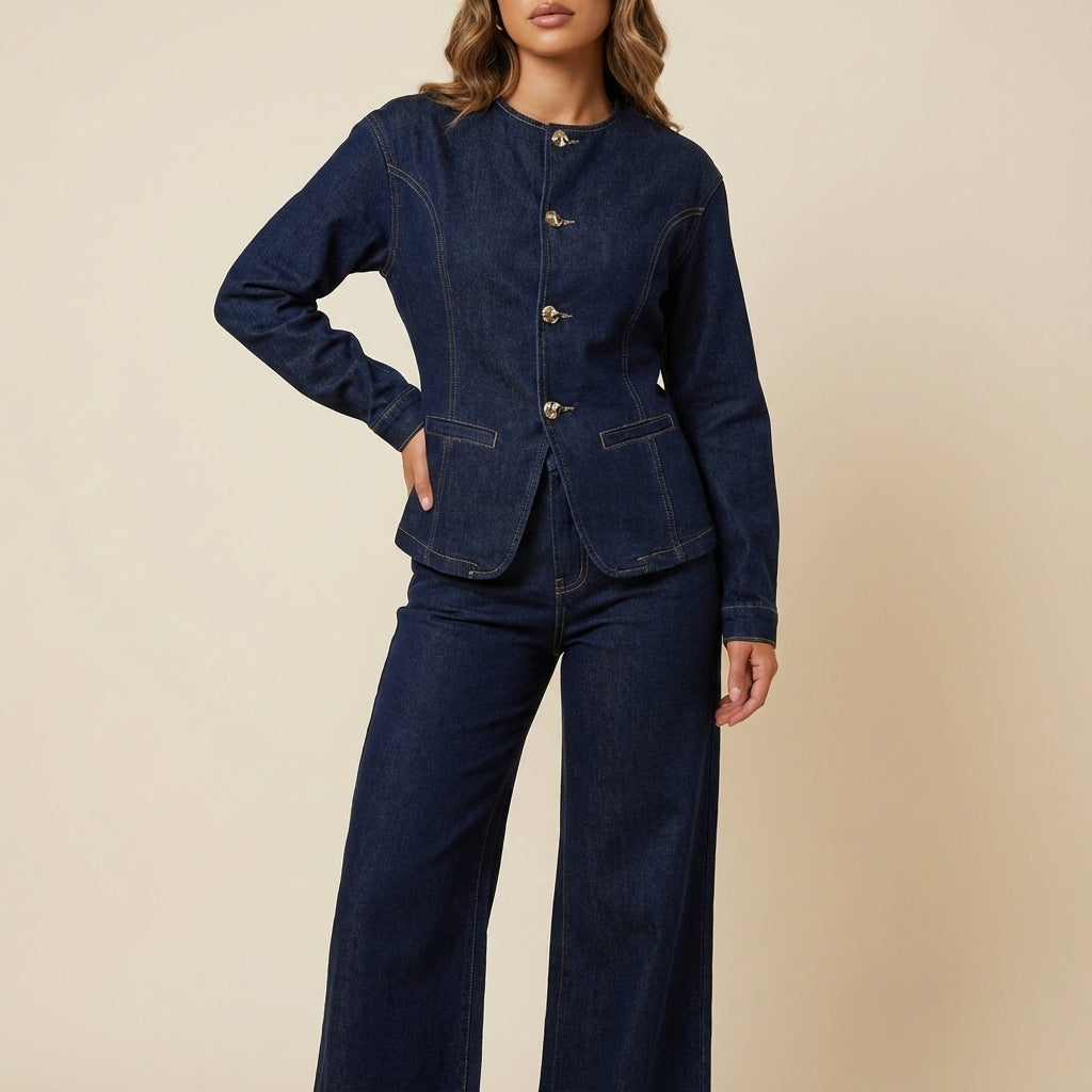 Komplet damski dwuczęściowy kurtka na guziki i spodnie z wysokim stanem | Styl codzienny