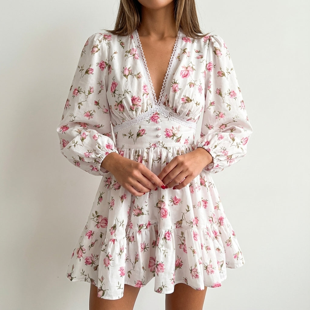 Sukienka mini w kwiaty z dekoltem V i bufiastymi rękawami