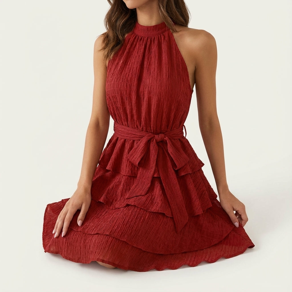 Sukienka mini damska halter z wiązaniem w talii | Na lato